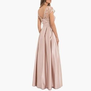 Xscape 3D Flower Bodice Natural Beige Satin Dress